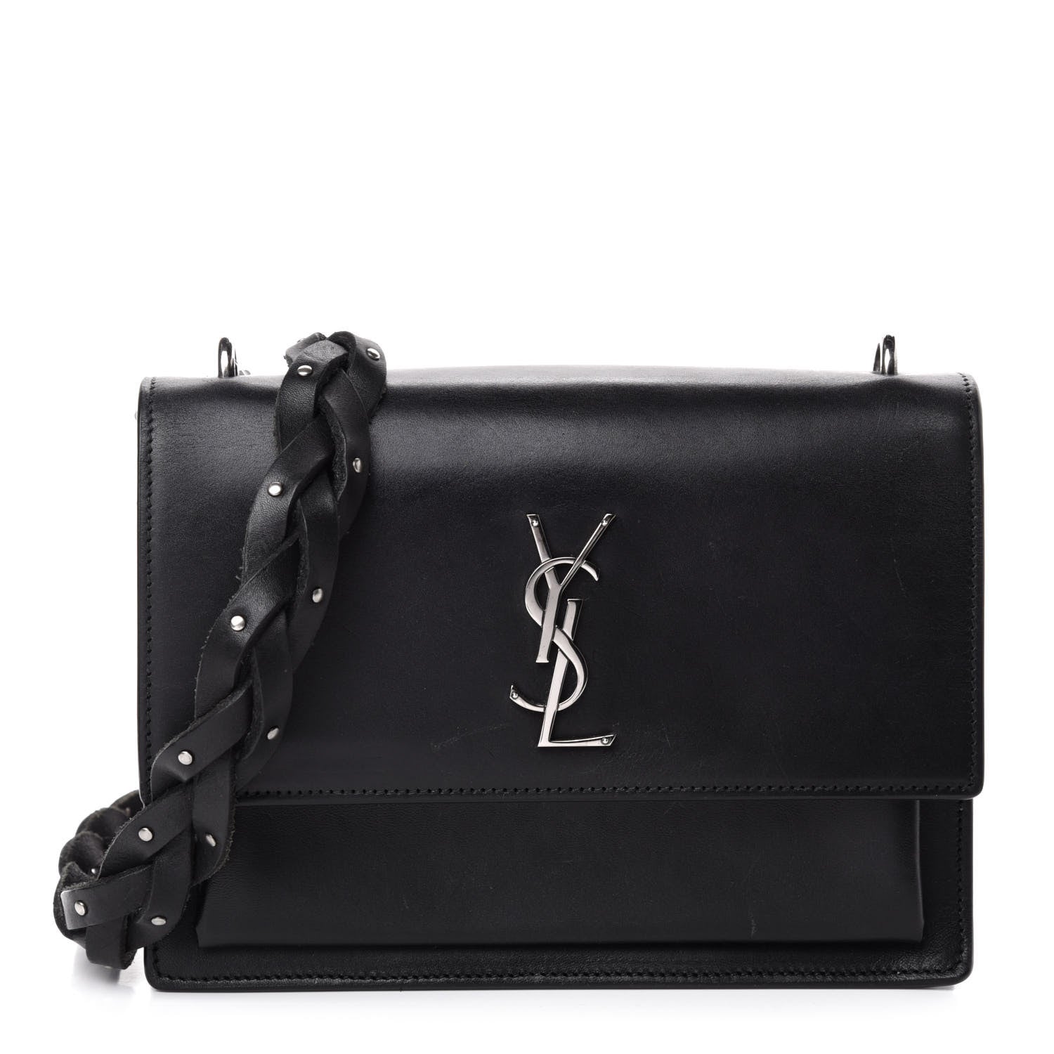 Saint Laurent Calfskin Medium Monogram Sunset Shoulder Bag With Braided Strap Black 1 of 12