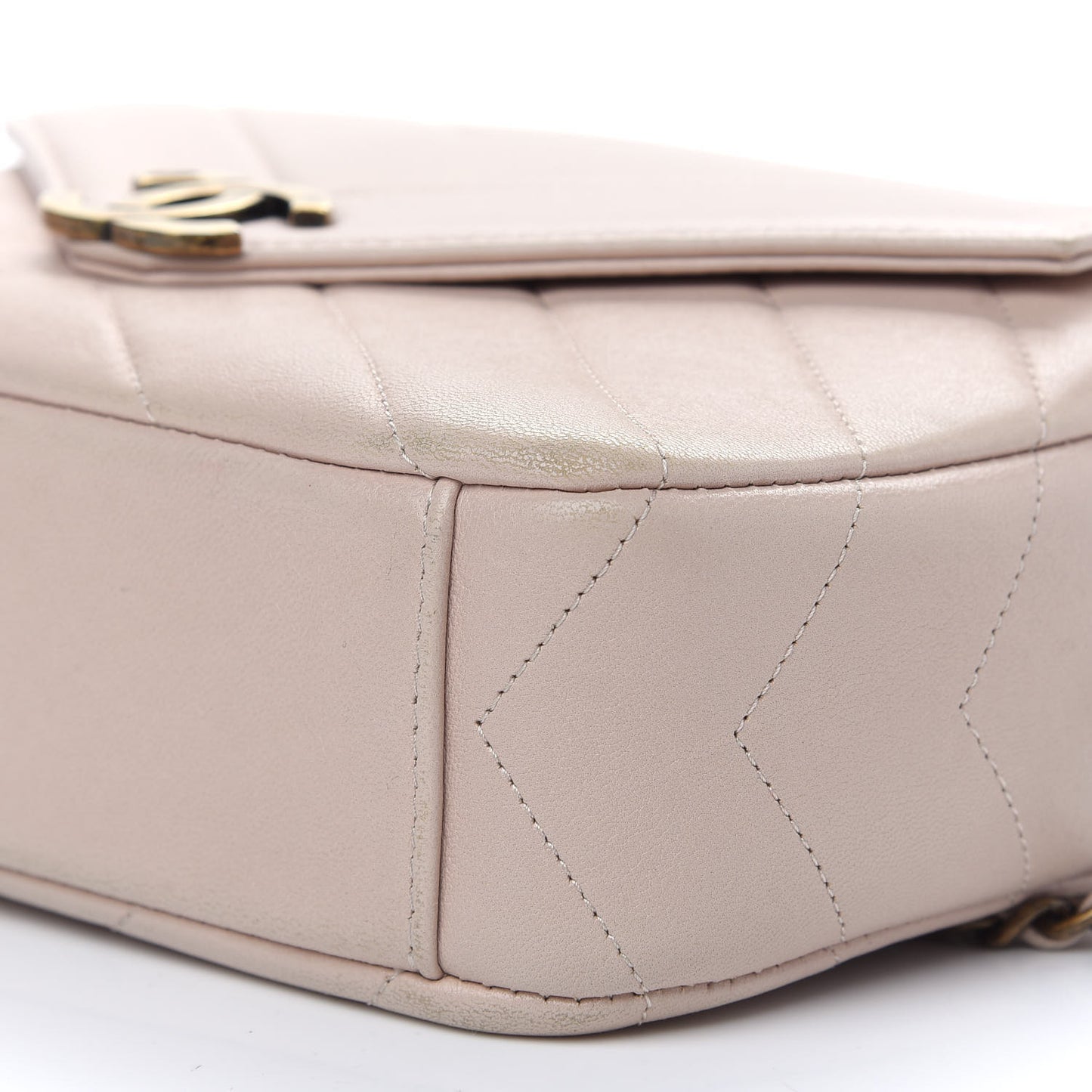 Shiny Lambskin Chevron Stitched Small Coco Camera Case Beige