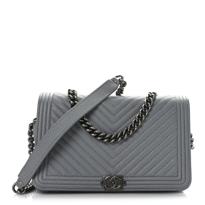 Chanel Caviar Chevron Quilted Boy Wallet On Chain WOC Grey 1 of 9