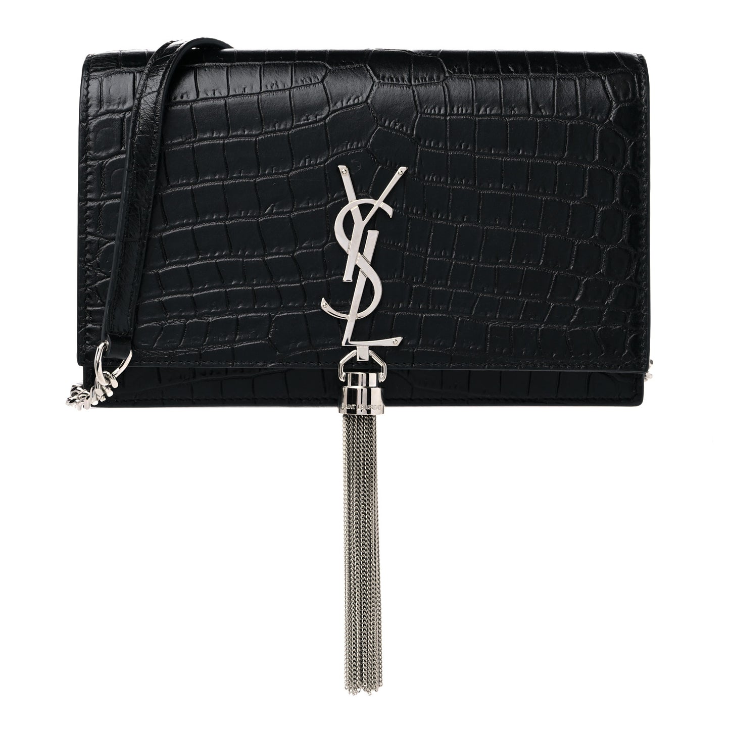 Calfskin Crocodile Embossed Kate Monogram Tassel Chain Wallet Black