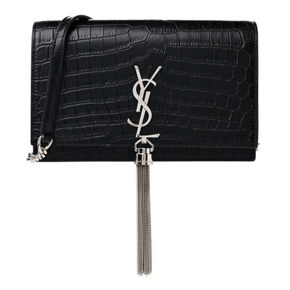Saint Laurent Calfskin Crocodile Embossed Kate Monogram Tassel Chain Wallet Black 1 of 8