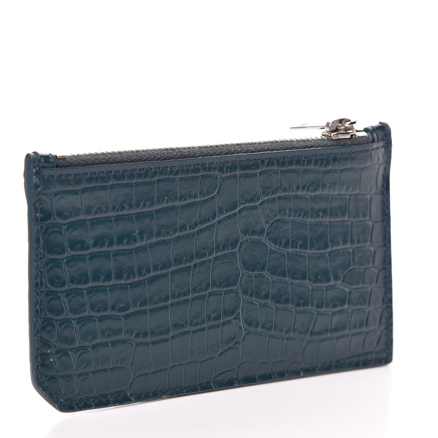 Calfskin Crocodile Embossed 5 Fragments Zip Card Case Dark Turquoise