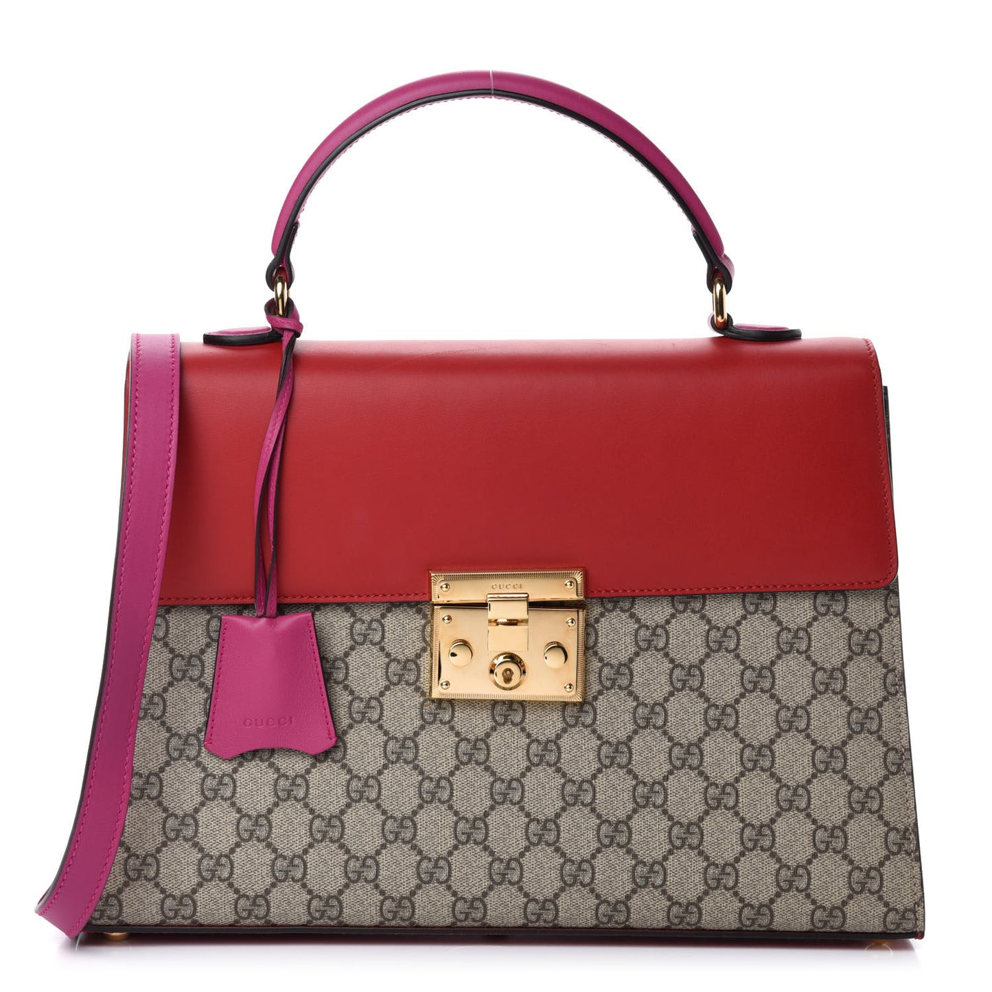 GG Supreme Monogram Calfskin Medium Padlock Top Handle Bag Beige Hibiscus Red New Rosette