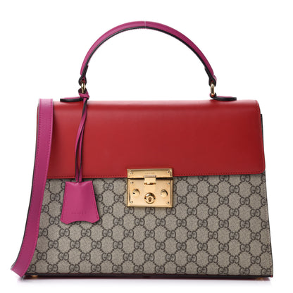 Gucci GG Supreme Monogram Calfskin Medium Padlock Top Handle Bag Beige Hibiscus Red New Rosette 1 of 10