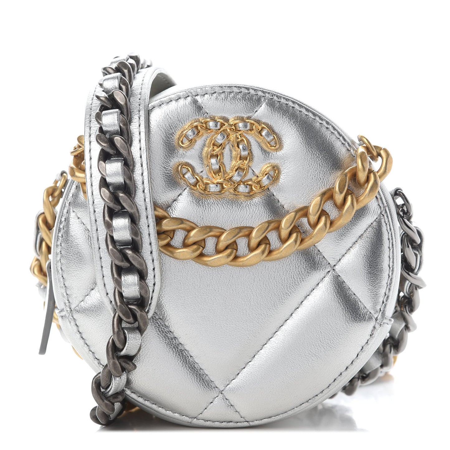 Metallic Lambskin Quilted Chanel 19 Round Clutch With Chain Silver