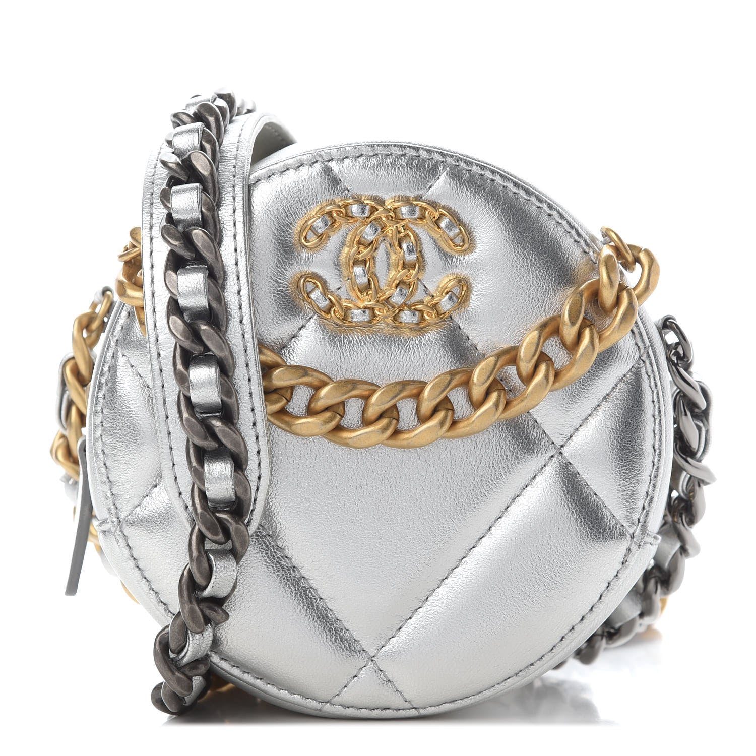 Chanel Metallic Lambskin Quilted Chanel 19 Round Clutch With Chain Silver 1 of 9