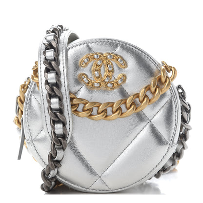 Chanel Metallic Lambskin Quilted Chanel 19 Round Clutch With Chain Silver 1 of 9