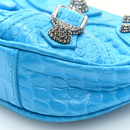 Balenciaga Extra Supple Calfskin Crocodile Embossed Crystal Mini Le Cagole Purse With Chain Cyan 7 of 7