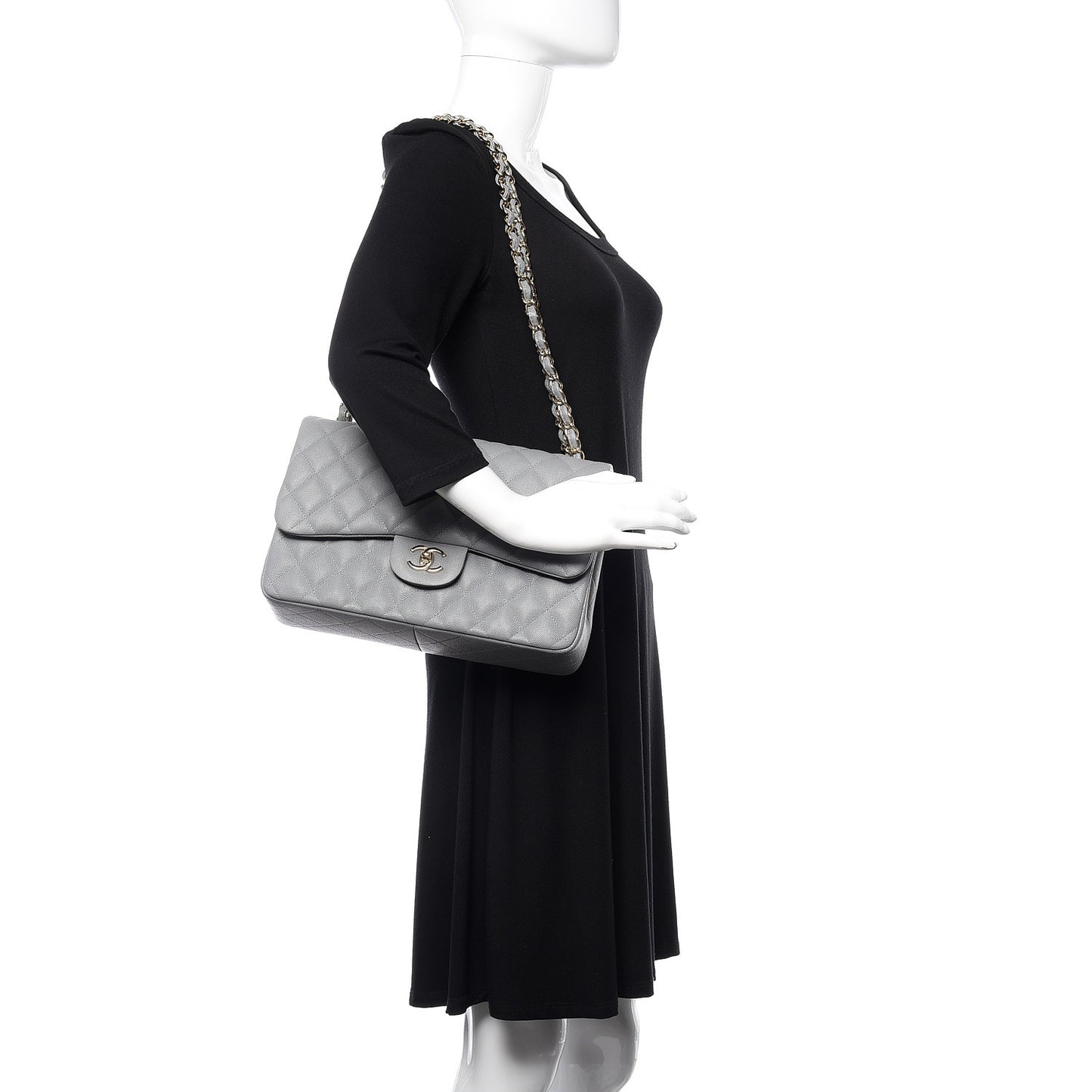 Caviar Quilted Jumbo Double Flap Dark Grey