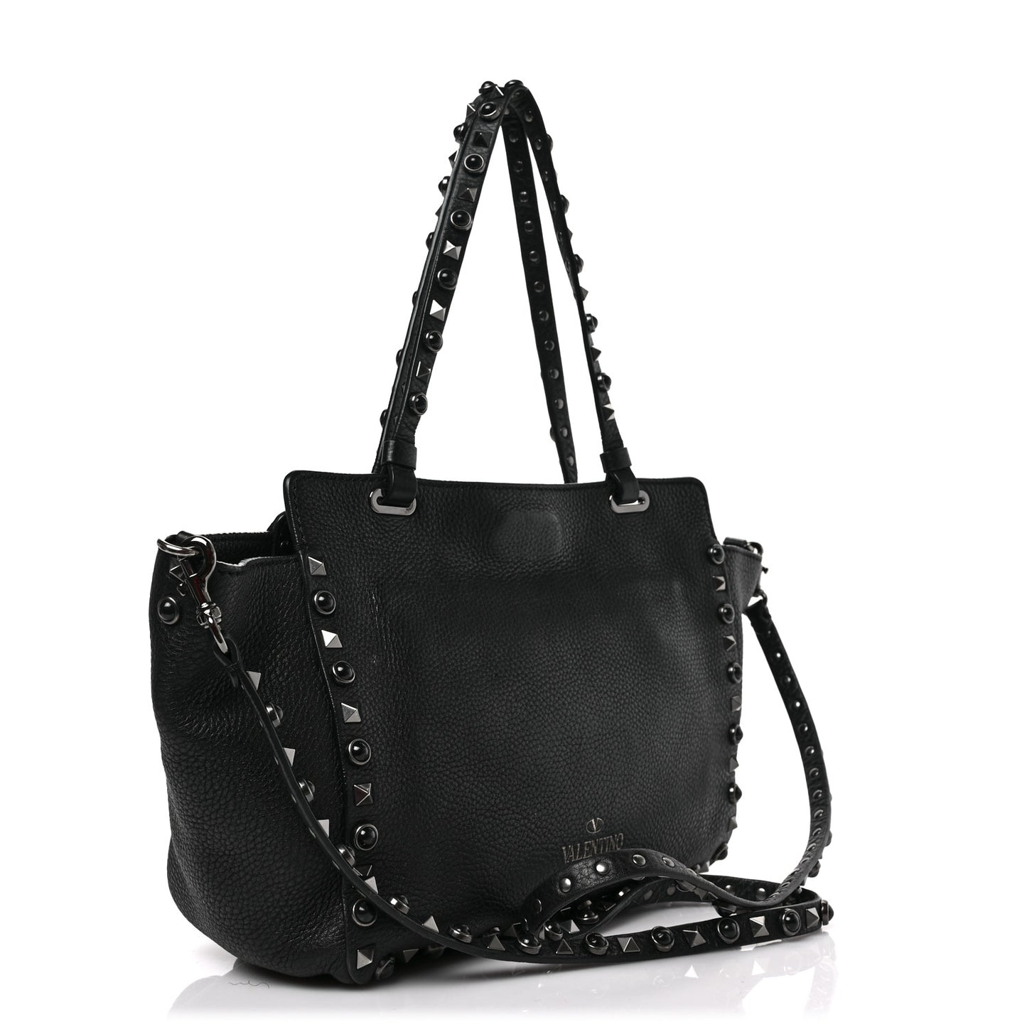 Grained Calfskin Onyx Small Rockstud Rolling Tote Black