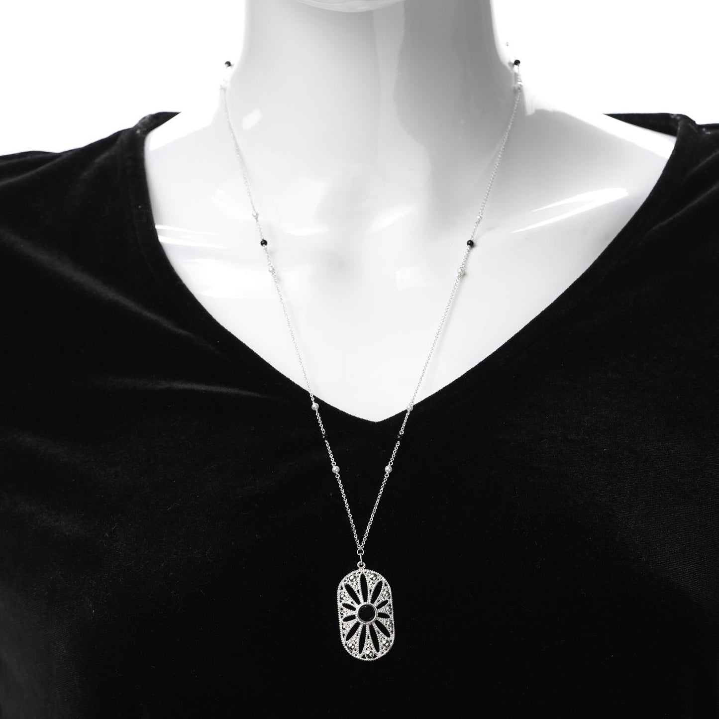 Sterling Silver Black Onyx Pearl Ziegfeld Daisy Pendant Necklace