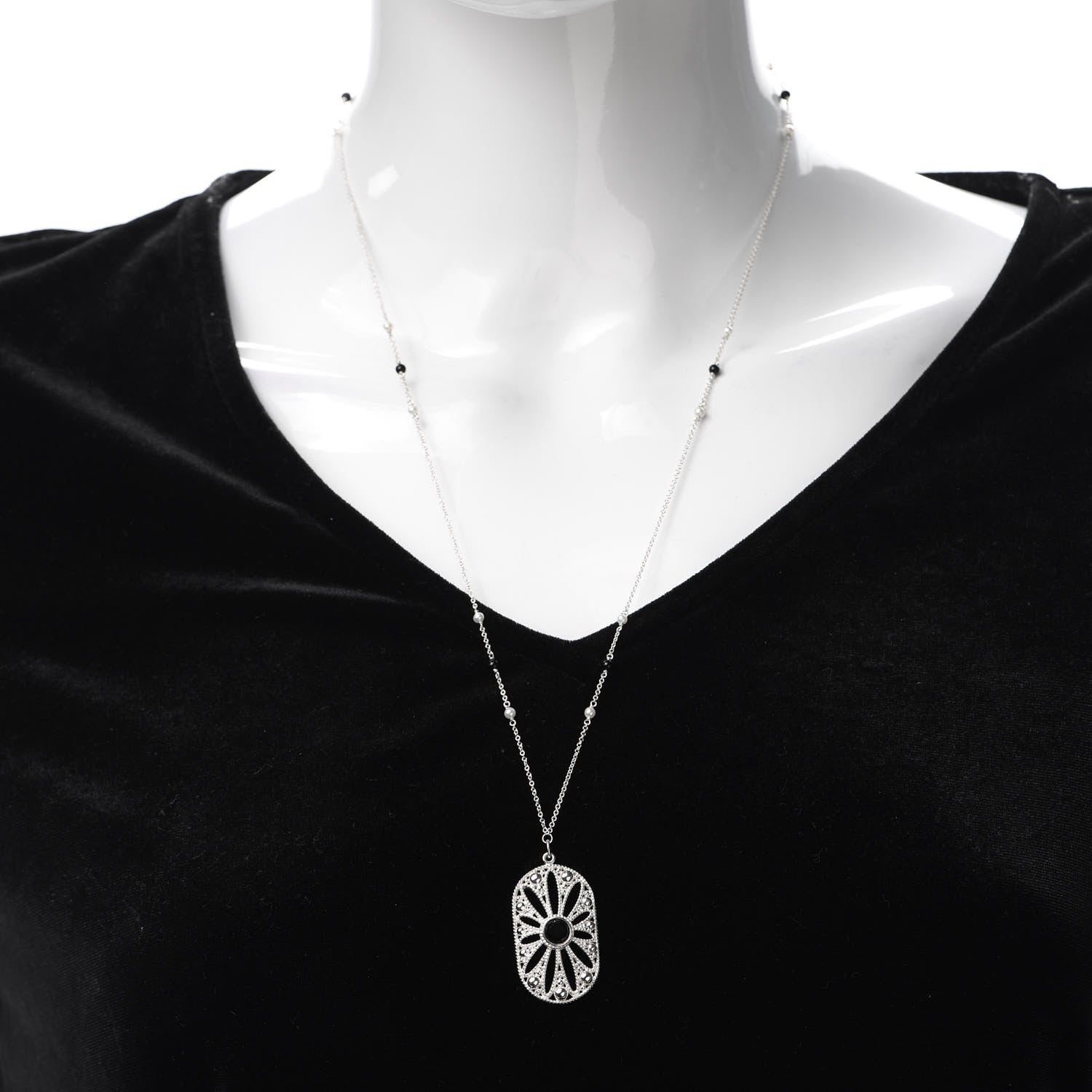 Tiffany Sterling Silver Black Onyx Pearl Ziegfeld Daisy Pendant Necklace 2 of 6