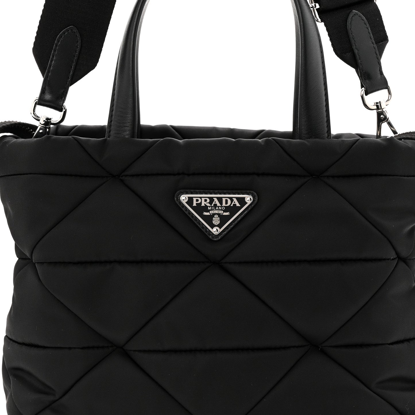 Re-Nylon Nappa Triangle Quilted Padded Double Handled Zip Pocket Tote Black