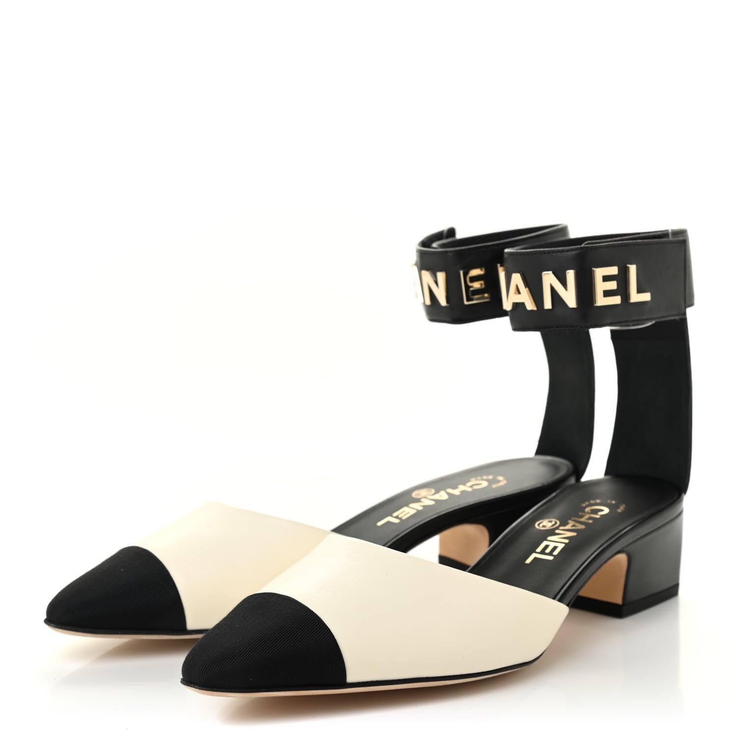 Chanel Lambskin Grosgrain Cap Toe Logo Ankle Strap Pumps 38.5 White Black 3 of 8