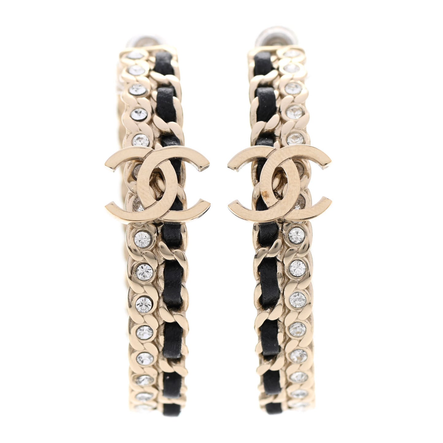 Crystal Lambskin CC Chain Hoop Earrings Gold Black