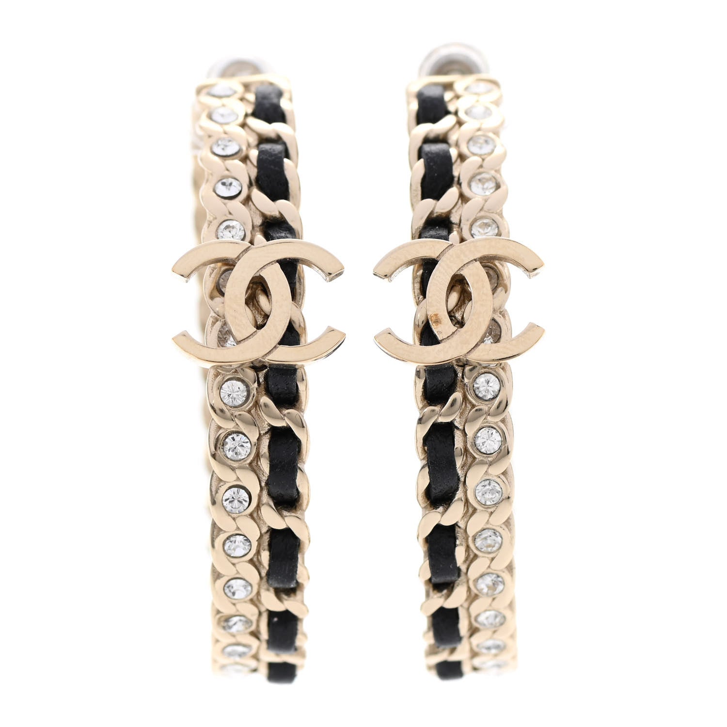 Chanel Crystal Lambskin CC Chain Hoop Earrings Gold Black 1 of 5