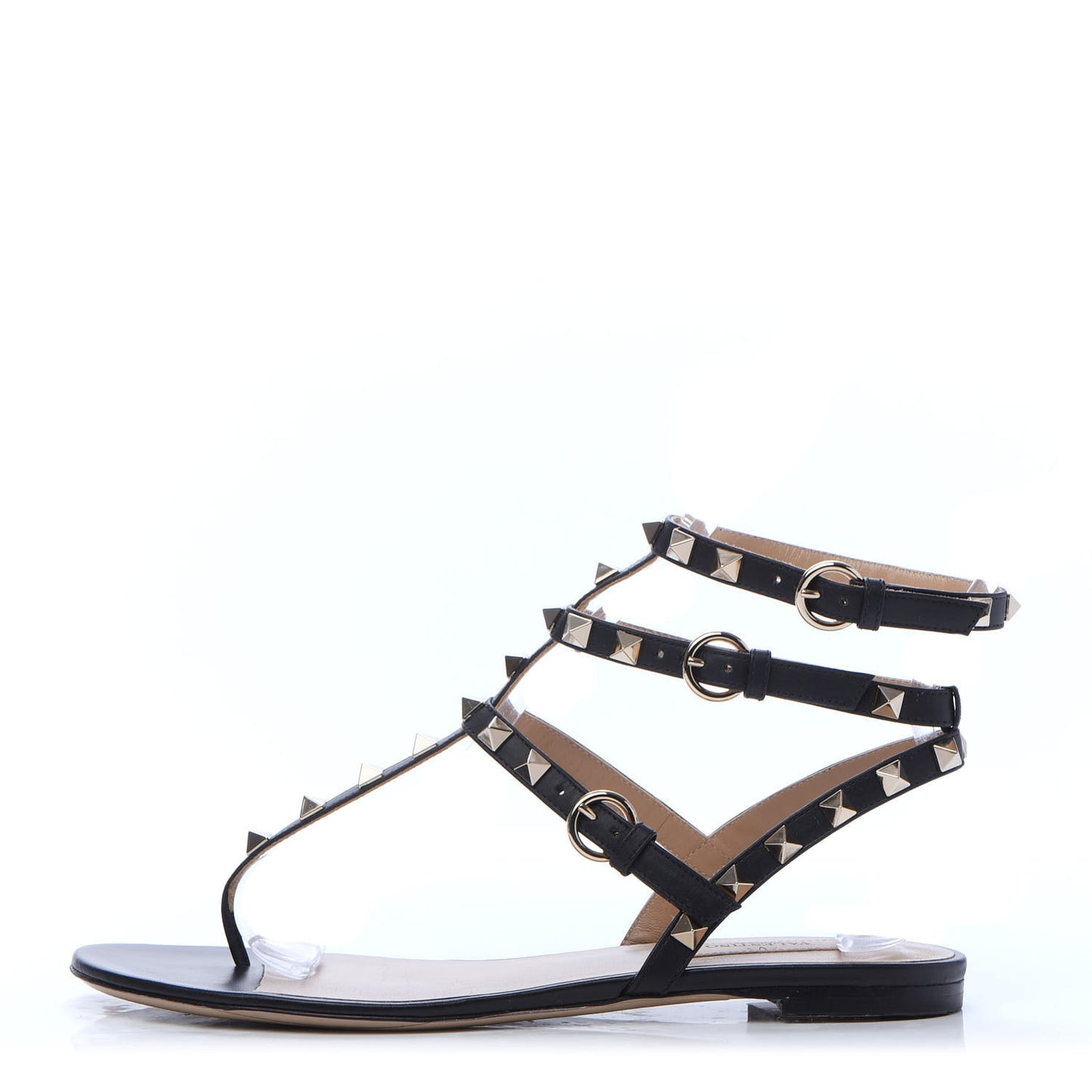 Calfskin Rockstud Ankle Wrap Flat Thong Sandals 37.5 Black