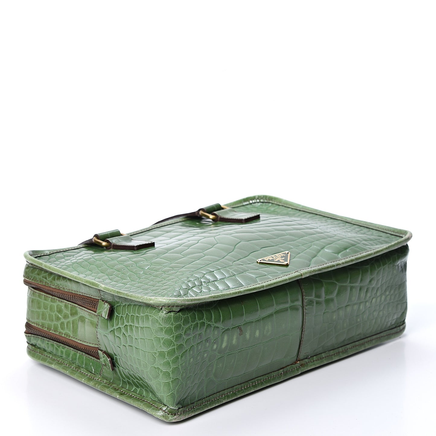 Shiny Calfskin Crocodile Embossed Double Zip Bauletto Larice