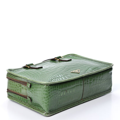 Prada Shiny Calfskin Crocodile Embossed Double Zip Bauletto Larice 3 of 11