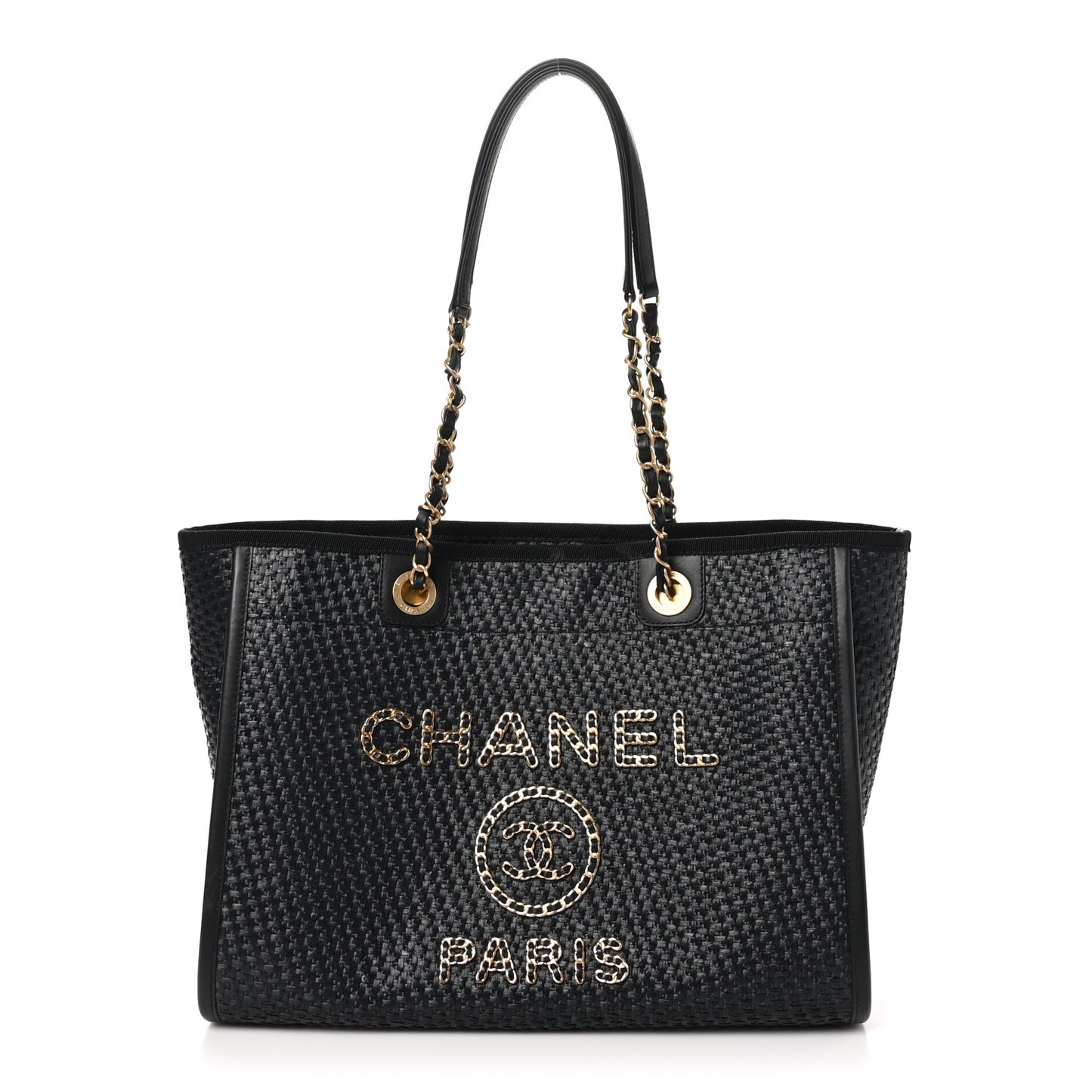 Straw Raffia Calfskin Chain Small Deauville Tote Black