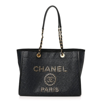 Chanel Straw Raffia Calfskin Chain Small Deauville Tote Black 1 of 10