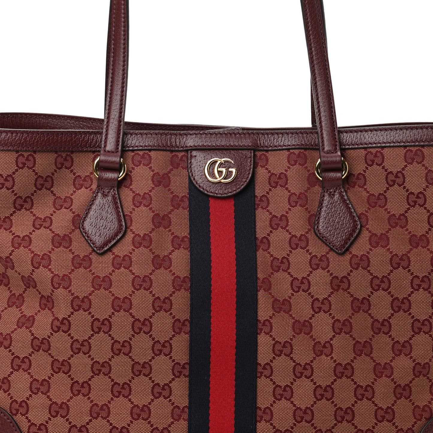 Monogram Textured Dollar Calfskin Web Medium Ophidia Shopping Tote Sahara Rubino Chardonnay