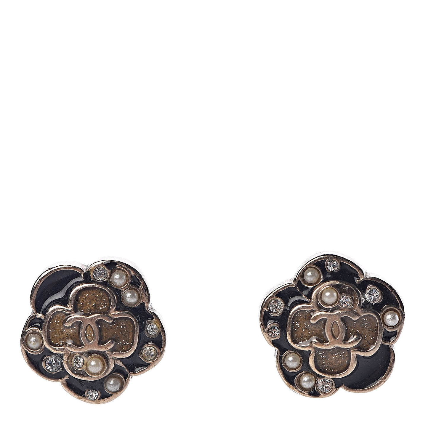 Enamel Flower CC Earrings Black Gold