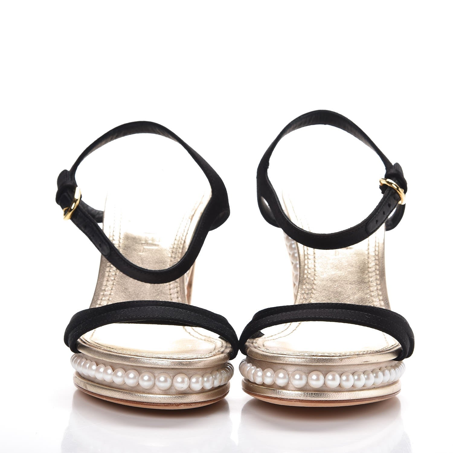 Chanel Metallic Lambskin Satin Pearl Strappy Sandals 38 Black Gold 2 of 9