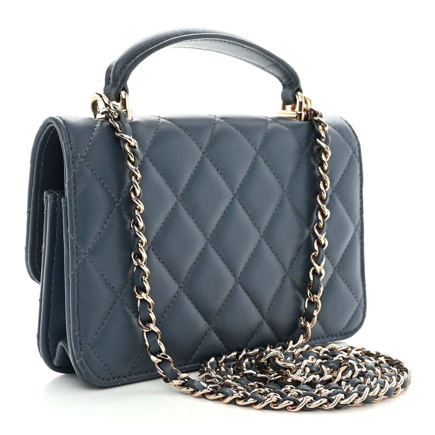 Lambskin Quilted Flap Phone Holder With Chain Blue