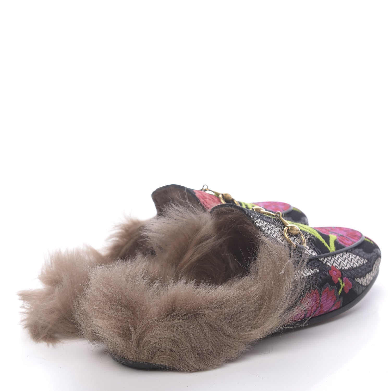 Gucci Brocade Fur Floral Womens Princetown Slippers 35 Black Anthracite 4 of 8