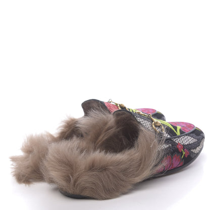 Gucci Brocade Fur Floral Womens Princetown Slippers 35 Black Anthracite 4 of 8