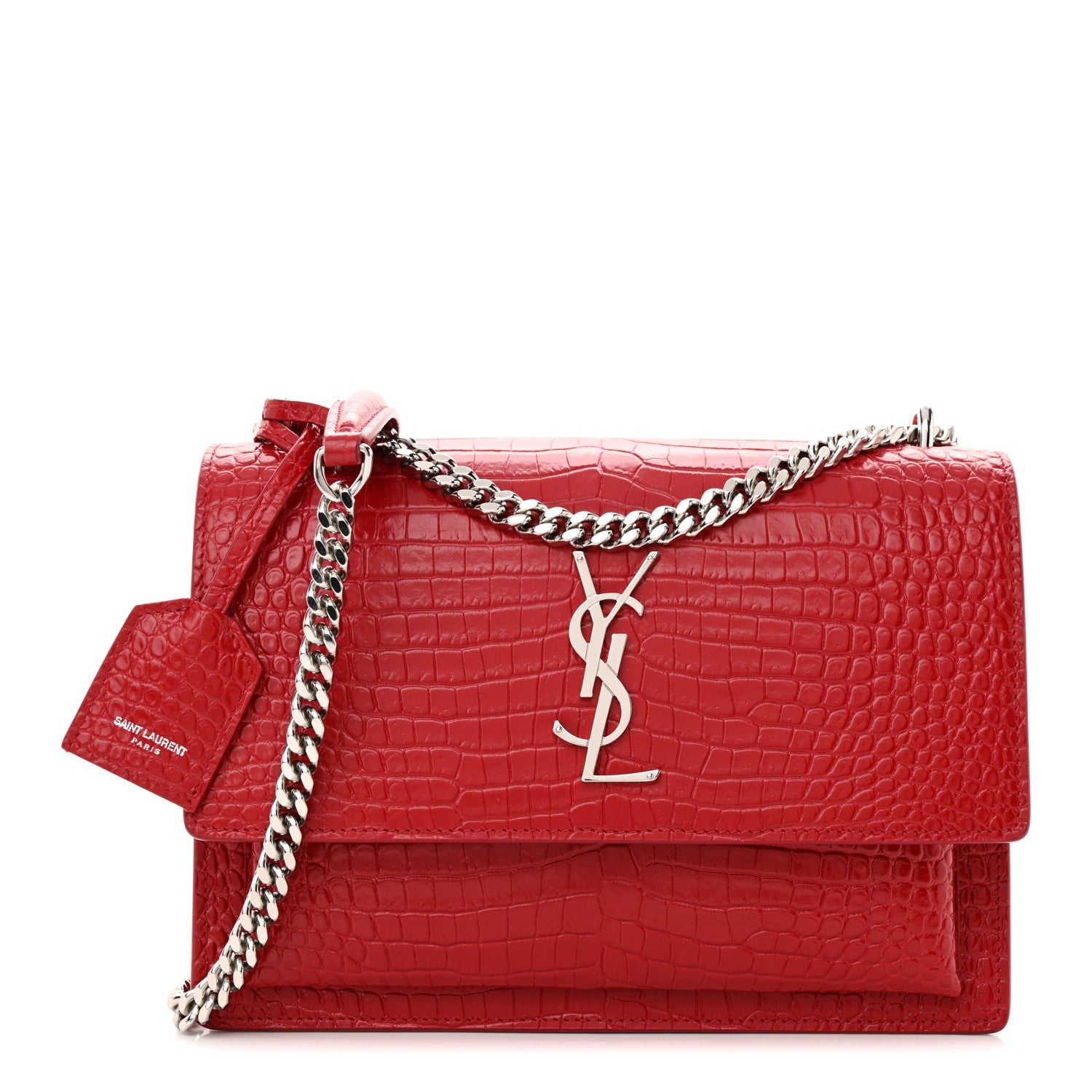 Saint Laurent Calfskin Crocodile Embossed Medium Monogram Sunset Rouge Eros 1 of 15