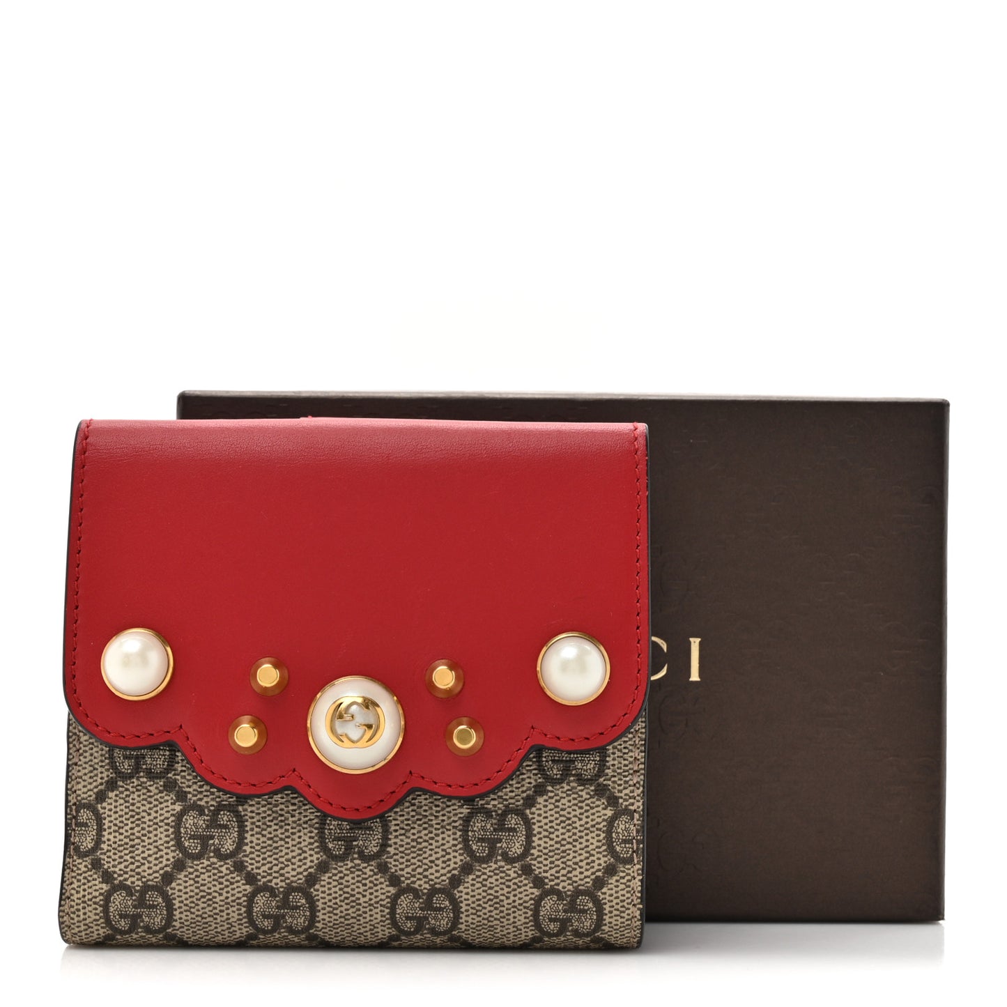 GG Supreme Monogram Pearl Studded French Wallet Beige Hibiscus Red