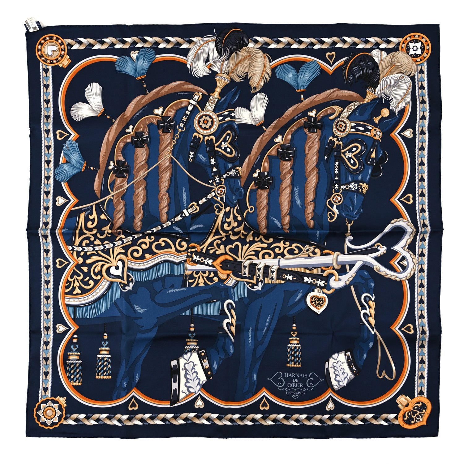 Hermes Silk Harnais De Coeur Scarf 90 Marine Fonce Mordore 1 of 3