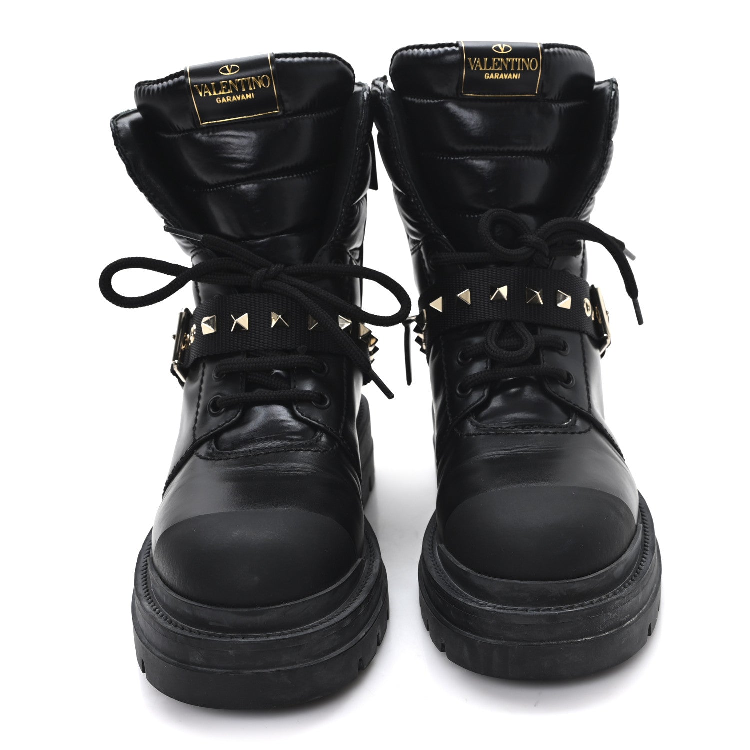 Valentino Garavani Calfskin Nylon Quilted Waterproof Rockstud Combat Boots 36.5 Black 3 of 9