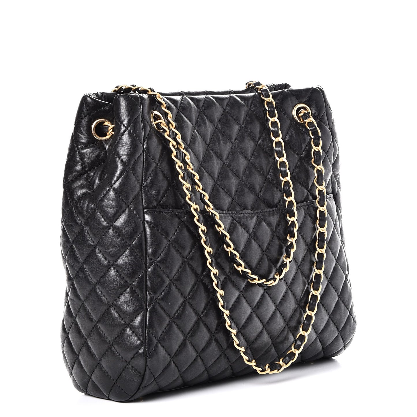 Lambskin Quilted Large Fluffy CC Shopping Tote Black