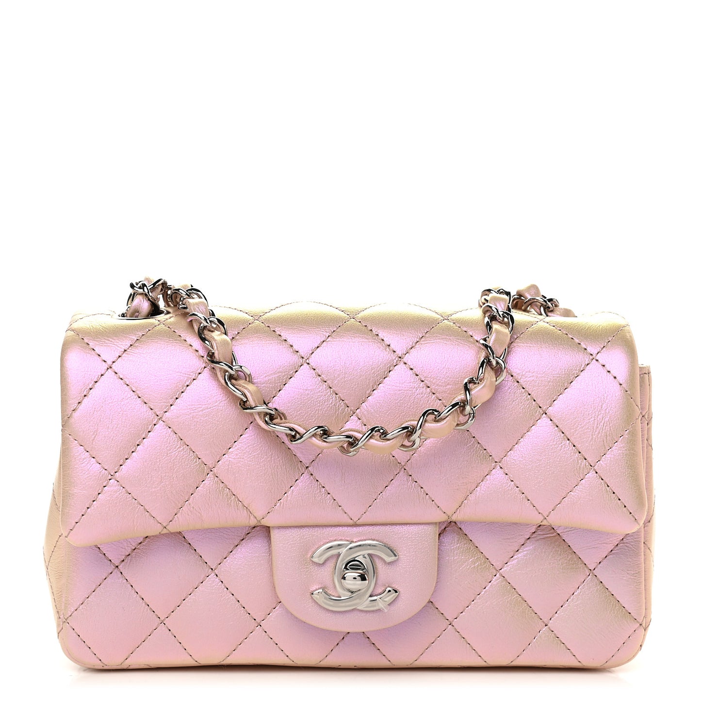 Iridescent Calfskin Quilted Mini Rectangular Flap Pink
