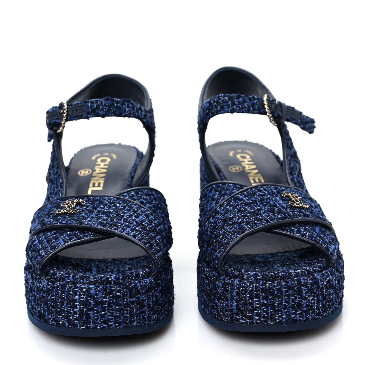 Chanel Silk Linen Tweed Quilted CC Platform Sandals 36.5 Navy Blue Gray 2 of 9
