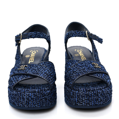 Chanel Silk Linen Tweed Quilted CC Platform Sandals 36.5 Navy Blue Gray 2 of 9