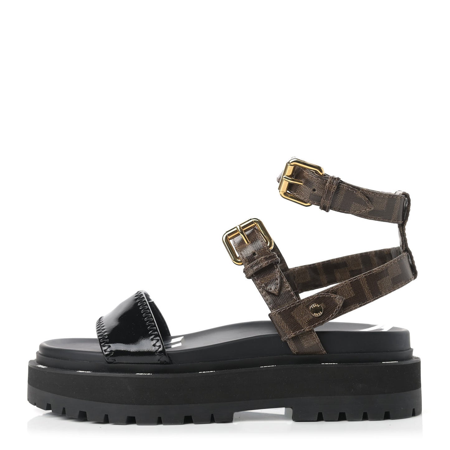 Vernice High-Tech Glazed Fabric FF Lug Sole Platform Sandals 39 Black Tobacco Moro