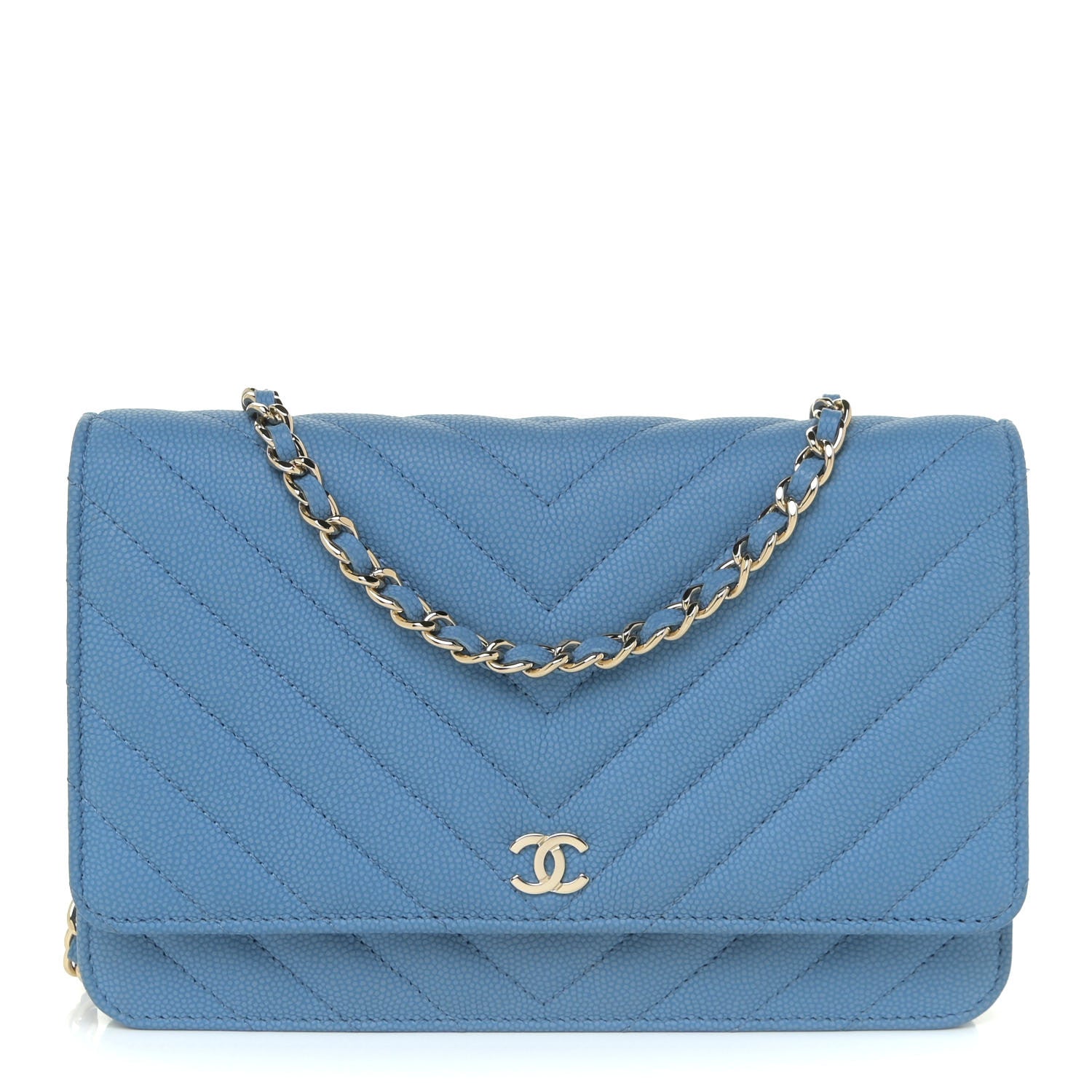 Chanel Caviar Flat Chevron Quilted Wallet On Chain WOC Blue 1 of 16