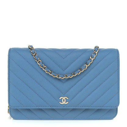 Chanel Caviar Flat Chevron Quilted Wallet On Chain WOC Blue 1 of 16