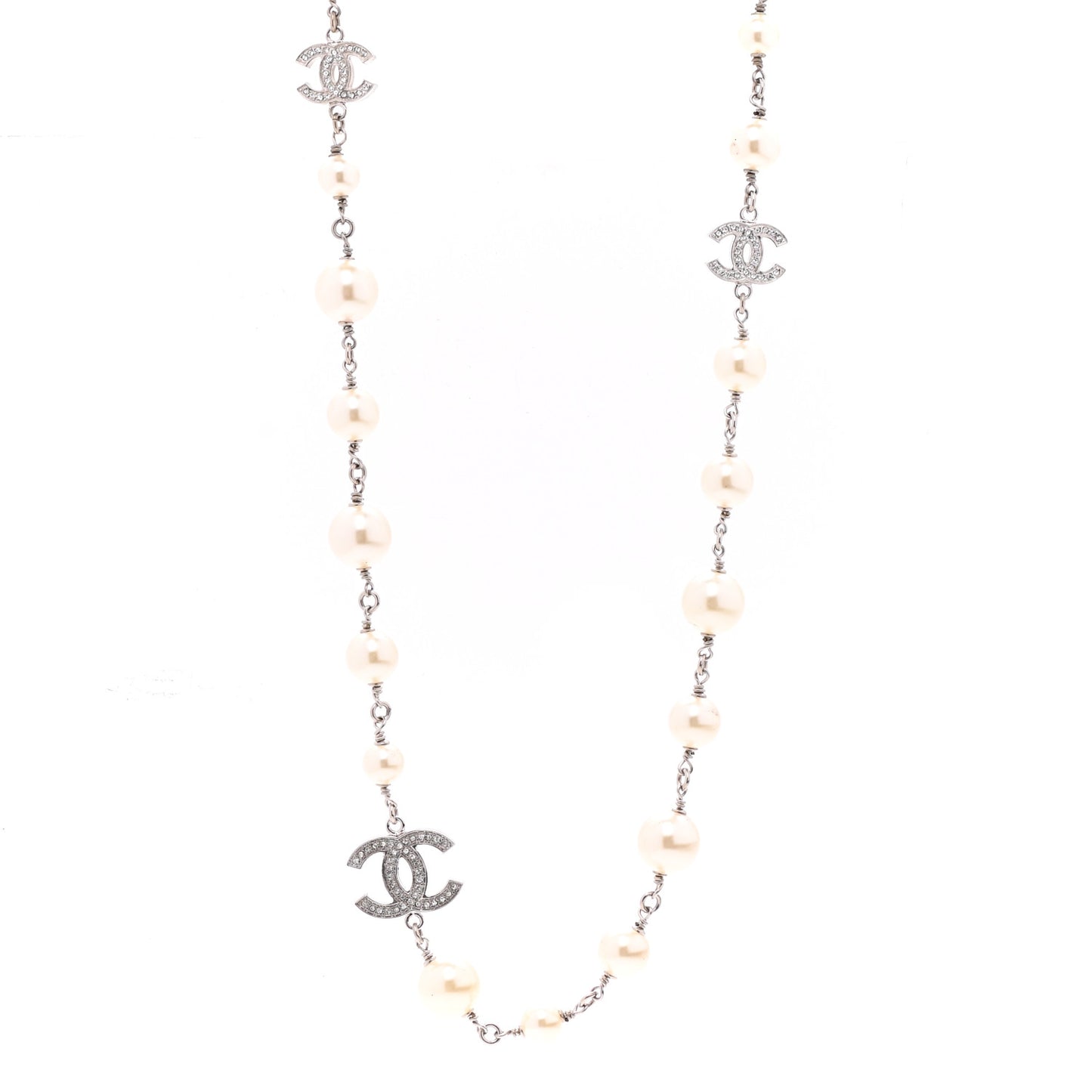 Graduated Pearl Crystal CC Long Necklace Silver
