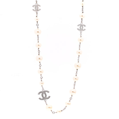 Chanel Graduated Pearl Crystal CC Long Necklace Silver 1 of 7