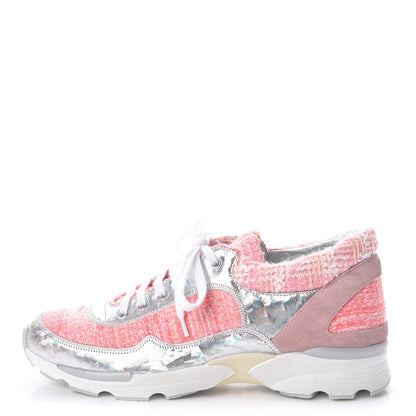 Chanel Tweed Suede Calfskin Sneakers 38 Silver Pink 1 of 8