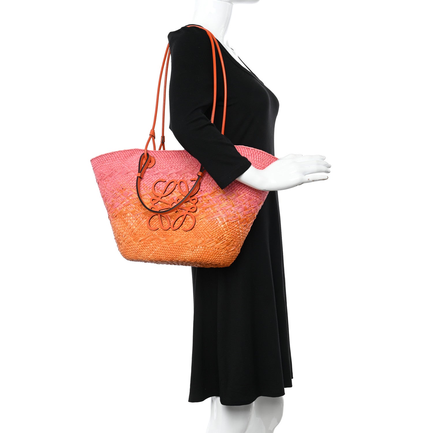 Loewe Iraca Palm Calfskin Degrade Paula's Ibiza Medium Anagram Basket Bag Pink Orange 2 of 10