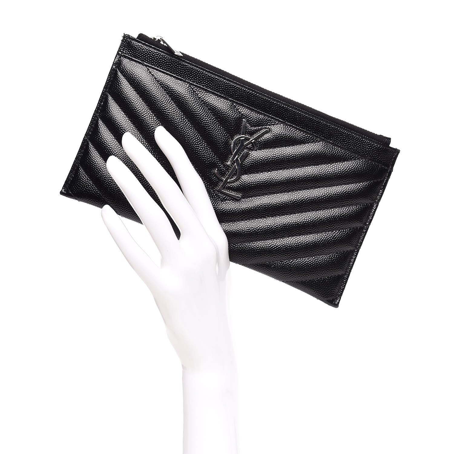 Saint Laurent Grain De Poudre Chevron Monogram Bill Pouch Black 2 of 8