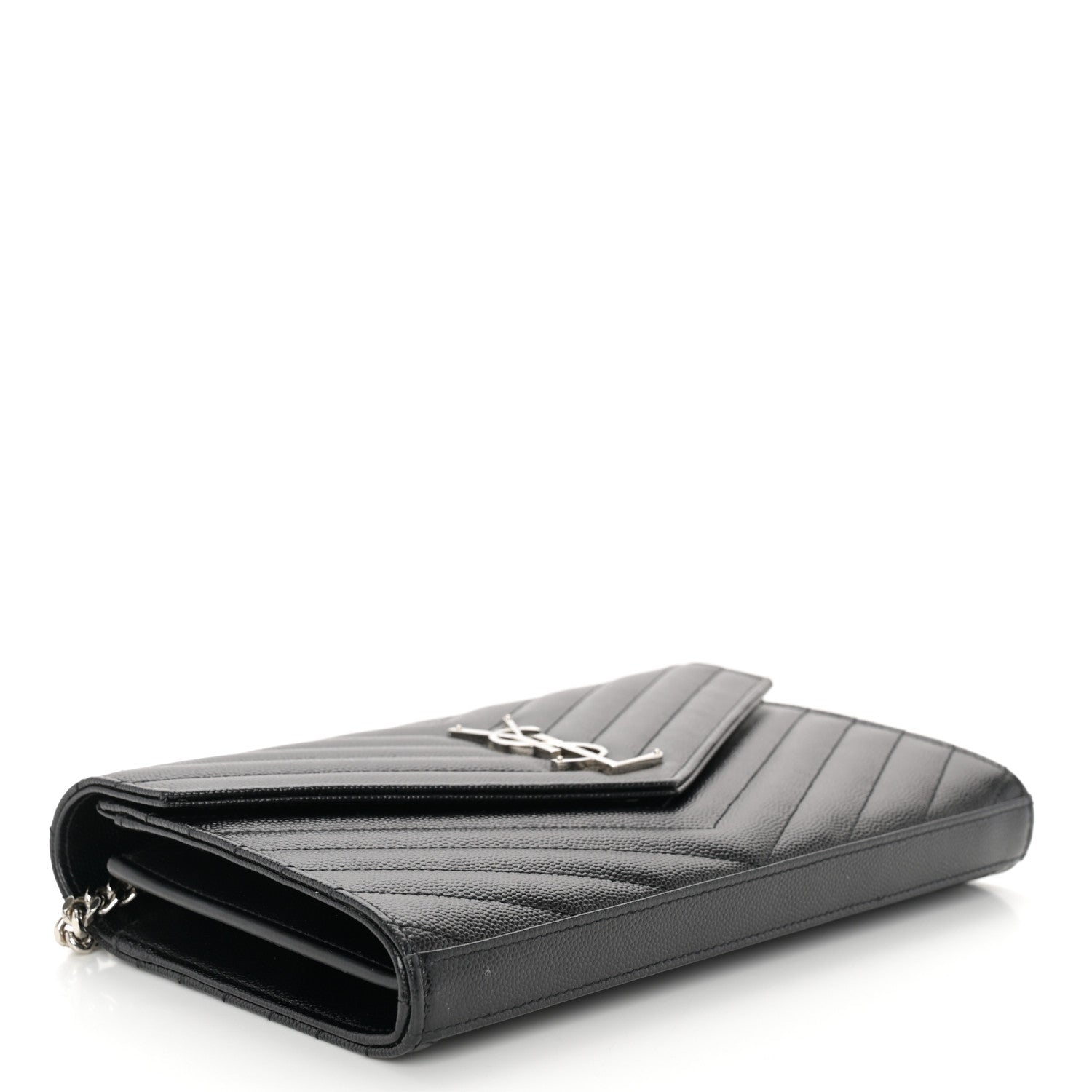 Saint Laurent Grain De Poudre Matelasse Chevron Monogram Chain Wallet Black 4 of 9