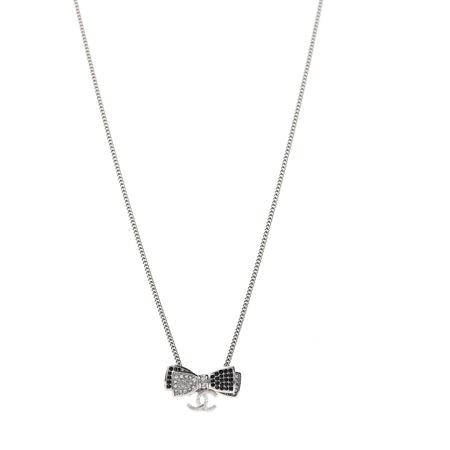 Chanel Crystal CC Bow Necklace Silver Black 1 of 5