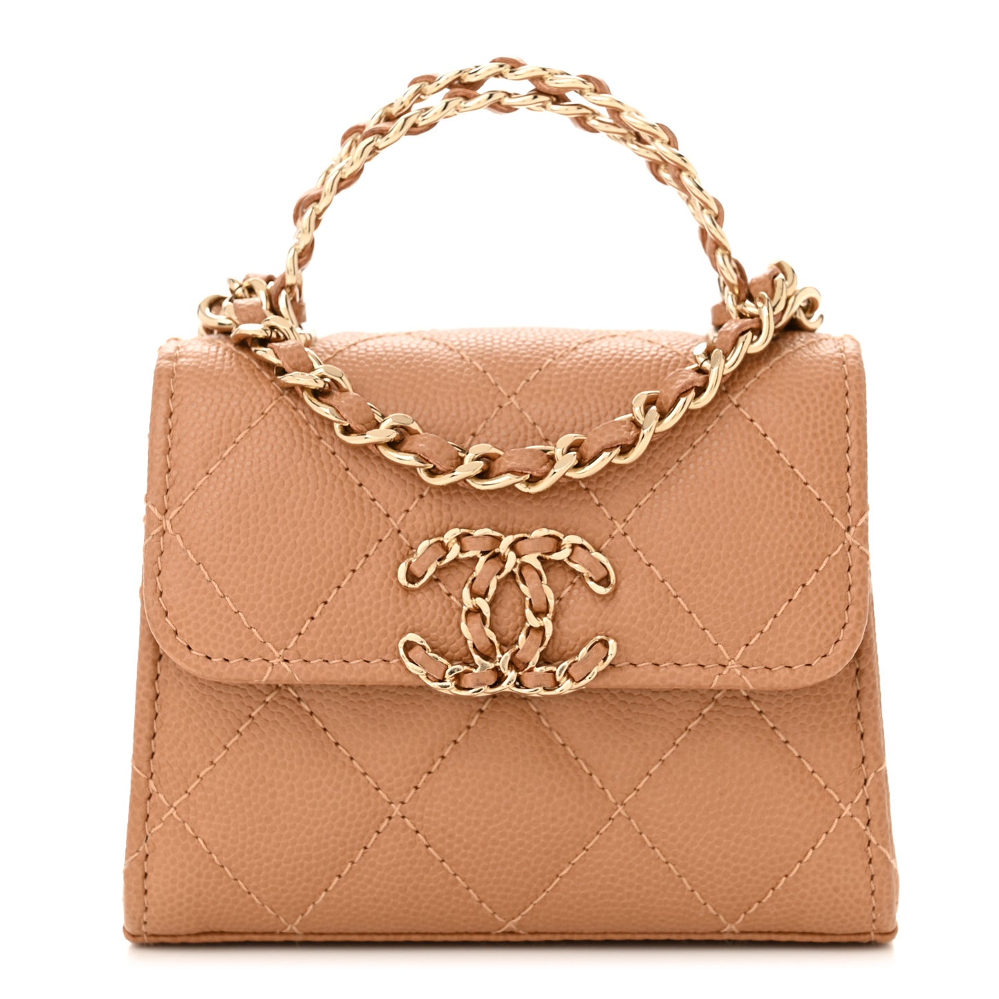 Caviar Quilted Mini Chain Top Handle With Chain Beige